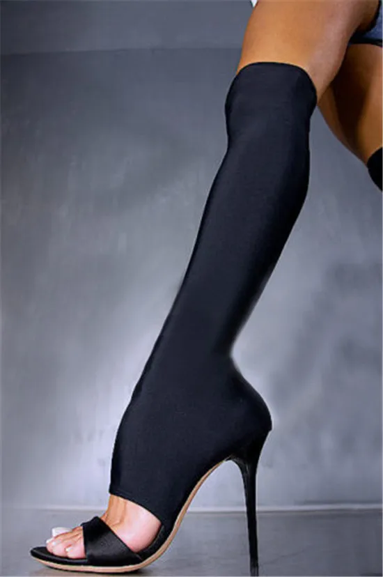 New Stretch Fabric Knee High Boots Open Toe Cut Outs Women Boots Shoes Woman High Heels Gladiator Sandals Women Boot Botas Mujer (2)
