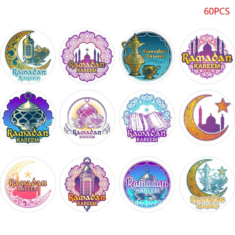 60pcs Eid Mubarak Decoration Paper Sticker Lable Seal 4cm Gift Sticker Islamic Muslim Mubarak Decoration Ramadan Supplies