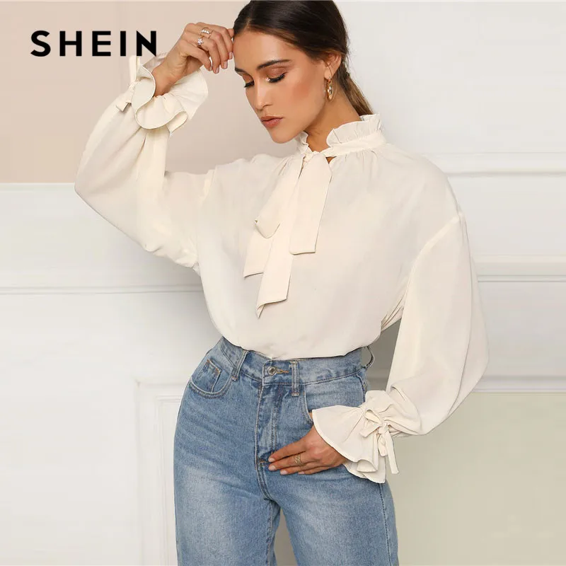 

SHEIN Ruffle Tie Neck And Flounce Sleeve Solid Elegant Blouse Ladies Tops Spring Women Stand Collar Workwear Tops And Blouses
