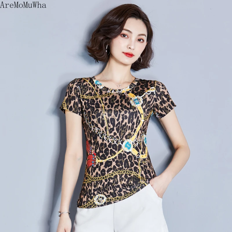 AreMoMuWha 2019 New Female Summer Fashion Print Leopard T-shirt Short-sleeved Slim Slimming Half-sleeved Shirt234 | Женская одежда