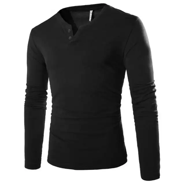 2016 New Casual Long Sleeved Tees Men Cotton Tee Shirts Solid V Neck