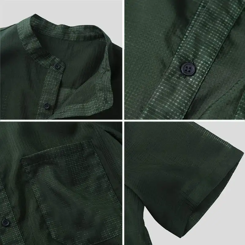 Summer Solid Color Stand Collar New Men Shirt Short Sleeve Pocket Breathable Loose Fashion Casual Set Head Streetwear Shirt