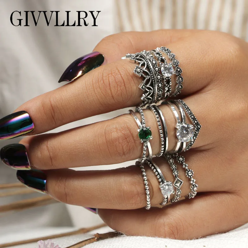 

GIVVLLRY 12 pcs/set Antique Silver Crown Rings for Women Bohemian Green White Crystal Vintage Carved Flower Knuckle Rings Set