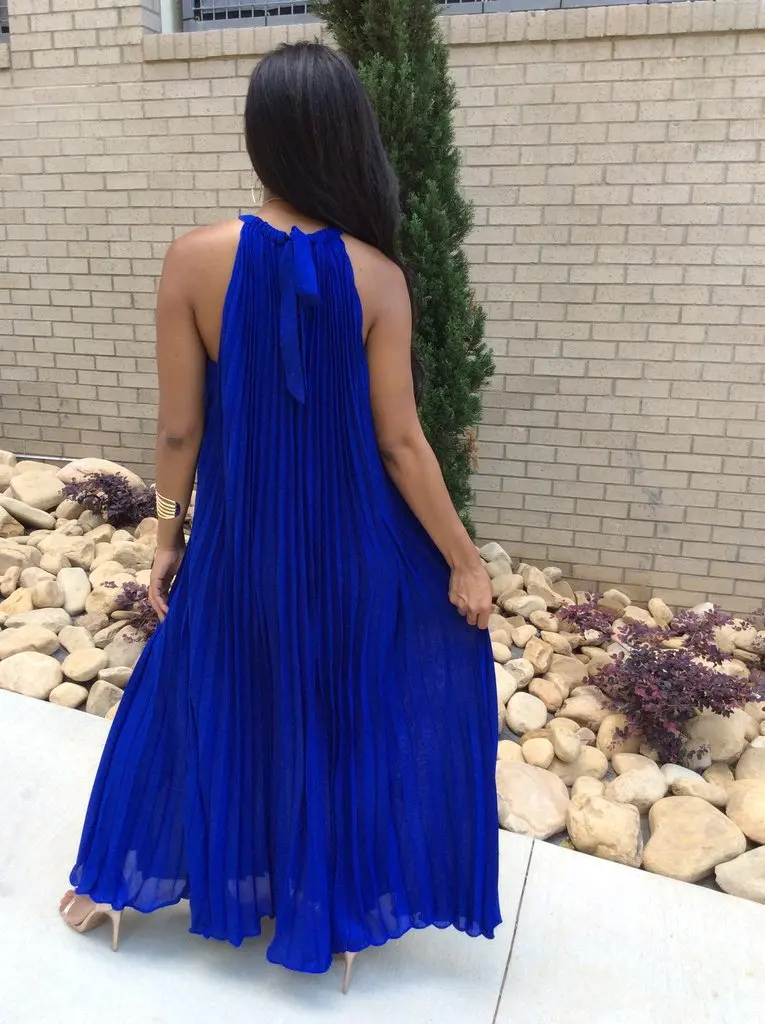 

White Maxi Dress Women 2019 Sexy Sundress Party Elegant Summer Loose Fashion Solid Halter Royal Blue Pleated Long Dresses