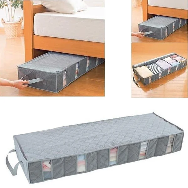 

53L Foldable Bamboo Charcoal Clothes Sweater Underwear Storage Bag Organizer Box with Windows (Grey)