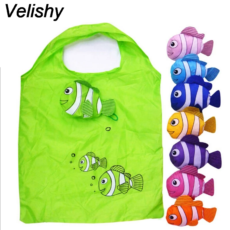 Velishy 1PCS New Random Folding Bags Tropical Fish Foldable Eco Reusable Shopping Bags 38cm x60cm