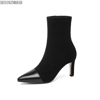 

Women Genuine Leather Ankle Boots Beading Night Club Party Shoes Woman High Heels Warm Socks Boots Ladies Pumps size 41 42