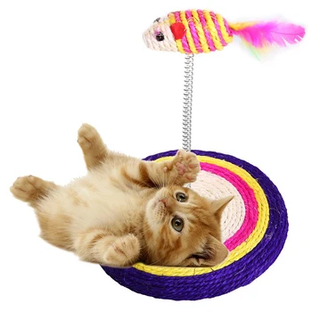 

Spring Mouse Colored Funny Scratching Pad Scratcher with Spring Post Fish Naturals Handmade Cat Toy Scratch Board Feathers