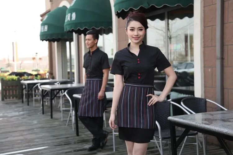 (10 комплектов-рубашка и фартук) черный комбинезон официант и официантка Рабочая одежда Униформа для супермаркетов с фартуком по