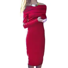 Сексуальная с плеча Bodycon платье Новый Для женщин осень Повседневное вязаное платье с длинным рукавом Slash Средства ухода за кожей шеи тонкий макси зимние платья спецодежды