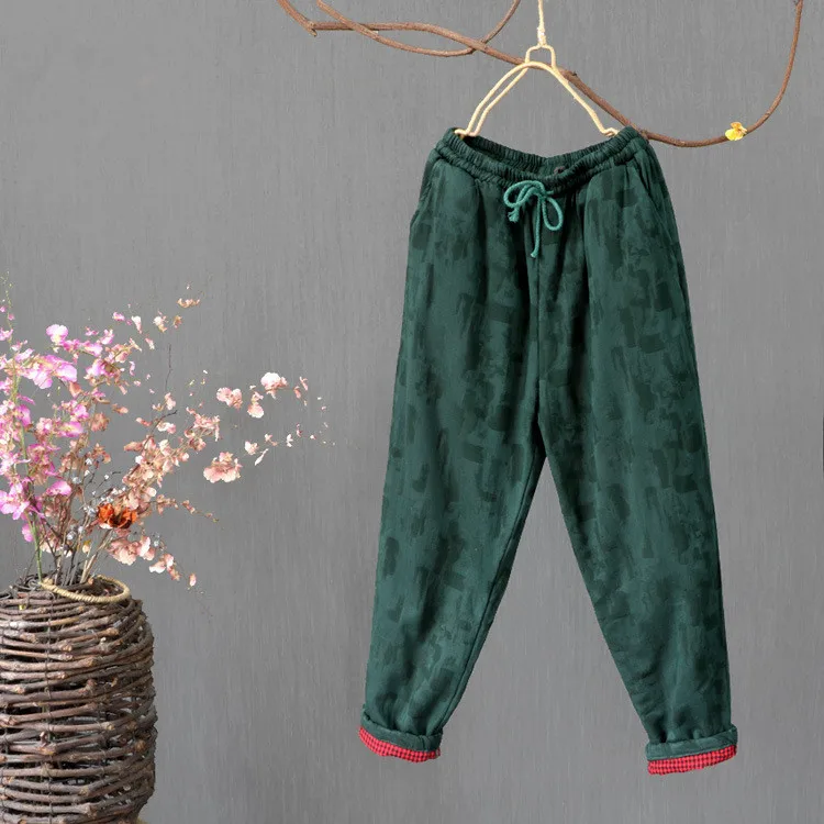 

Retro Dark Jacquard Cotton Linen Women Pants Plus Thick Padded Casual Loose Carrot Pants pants Winter Elastic Waist Tie Trouser