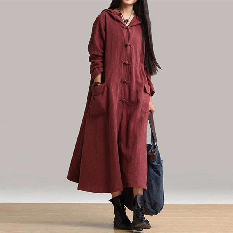 

Women Dress Big Size Winter Loose Vintage Linen Dress Casual V Neck Long Maxi Dresses Hooded Long Sleeve Plus Size 4XL Large