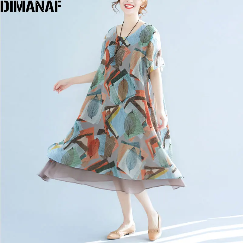 DIMANAF размера плюс летнее женское шифоновое платье пляжное с принтом листьев свободное милое модное повседневное с коротким рукавом Элегантное новое платье