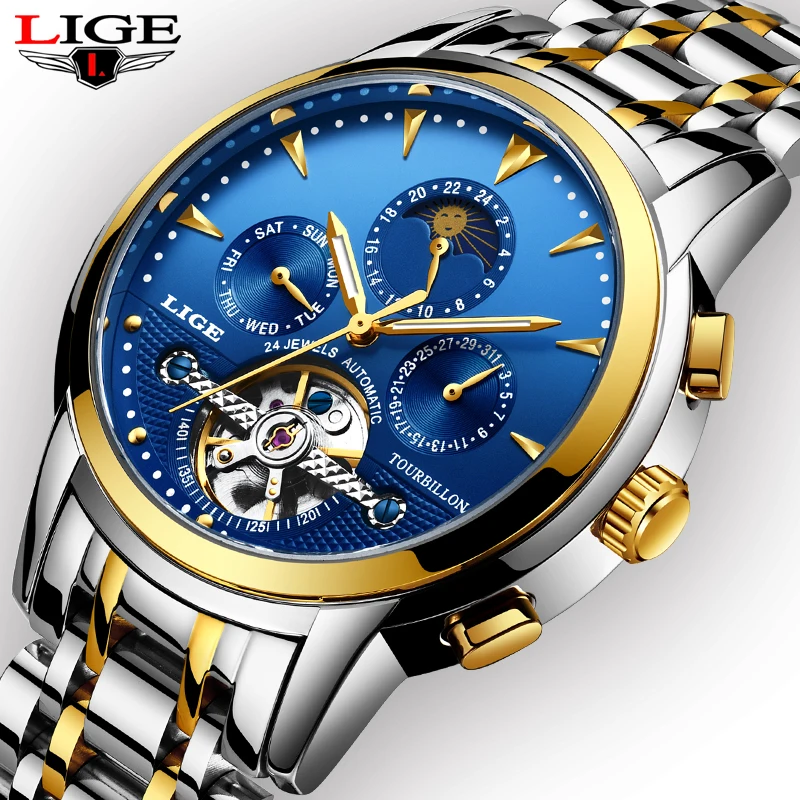 

New Mens Watches LIGE Business Fashion Automatic Mechanical Watch Mens Sports Waterproof Full Steel Clock Relogio Masculino+Box