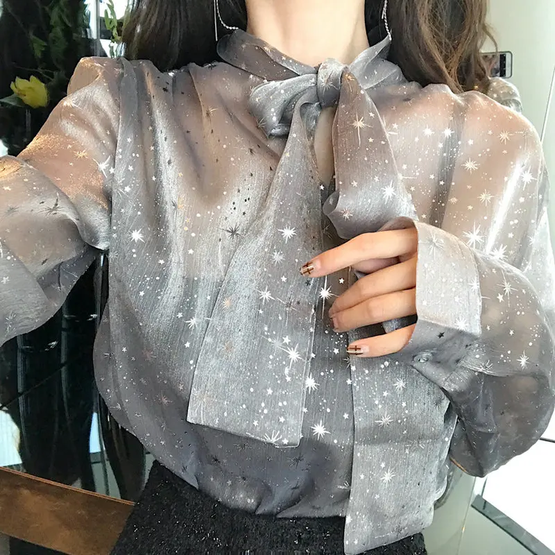 Новый женский звезды яркие шелковые bling из органзы рубашка для женщин на шнуровке