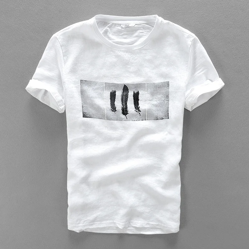 

2017 New linen t-shirt men round neck summer men t shirt white feather print cotton men t shirts short sleeve casual mens tshirt