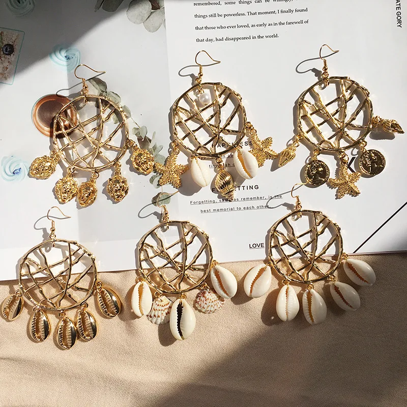 

2019 Bohemian Travel Style conch Shell Dreamcatcher Gold Dangle Earrings For Women Coin Lion Head Drop Earring Boho Jewelry