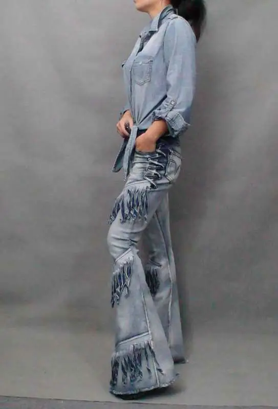 Новые модные женские винтажные джинсовые брюки джинсы с высокой талией тонкие расклешенные брюки с бахромой плюс размер вымытые джинсы
