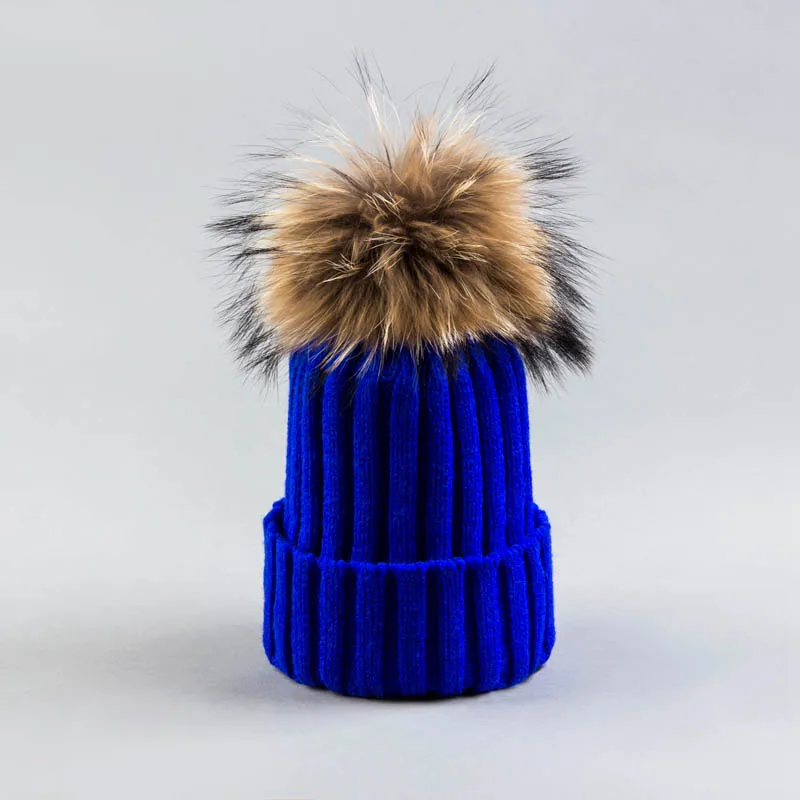 Knitted Hat Cap with fox fur ball For Women girls Winter Warmer Thicker