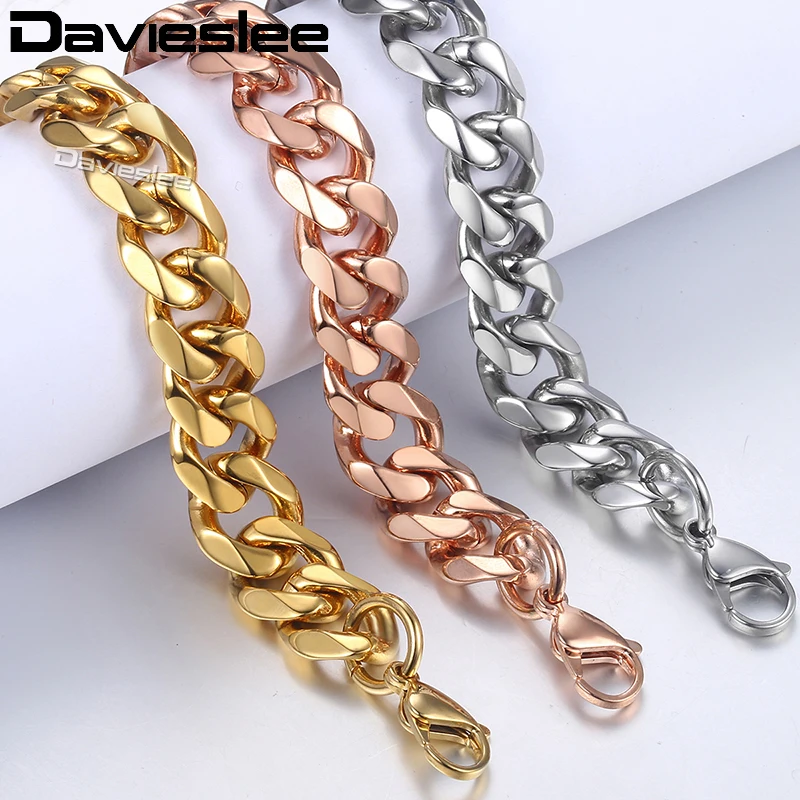 Davieslee браслеты для мужчин, розовое золото, серебро, Снаряженная кубинская цепочка, нержавеющая сталь, мужской браслет,, ювелирное изделие, 14 мм, LKBM25