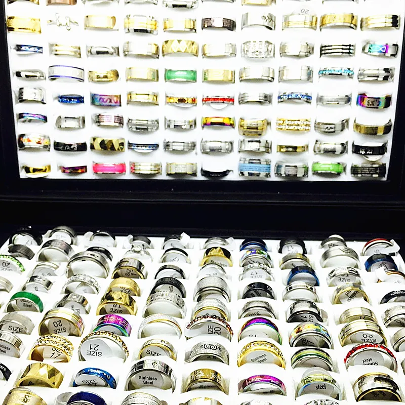 2018 wholesale lots bulk 100pcs ring set men women unisex stainless steel gold silver black mixed styles fashion rings jewelry