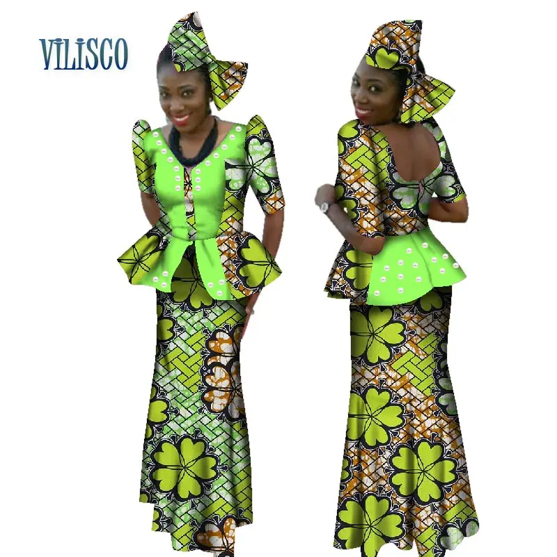 В африканском стиле топы с бисером и юбка комплекты с бантиком для Для женщин Базен Riche традиционный Африканский принт 2 шт. юбка комплекты