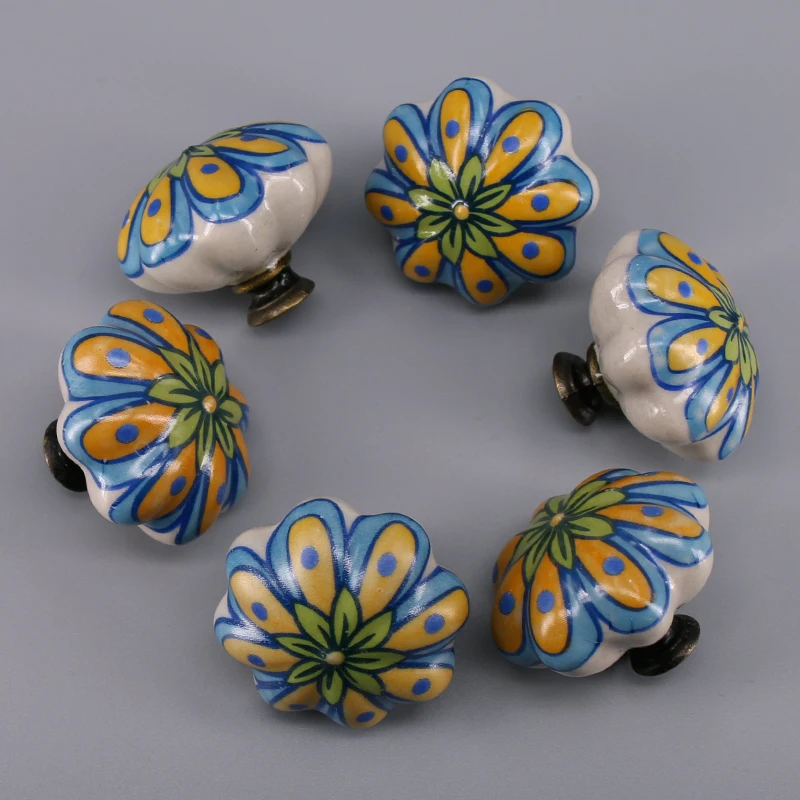 6 Pieces Colorful Printed Ceramic Cupboard Door Pulls Drawer