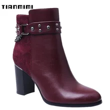 

TIANMIMI 2018 Retro Style Wine Red Women's Ankle Boots 8CM Thick Block High Heels Platform Chains Rivets Autumn Winter Botines