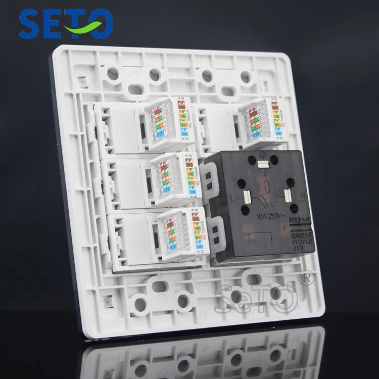 

SeTo 120 Type Three Hole Power Socket + Four Ports RJ45 Cat5e Network Panel Outlet Wall Plate Keystone Faceplate