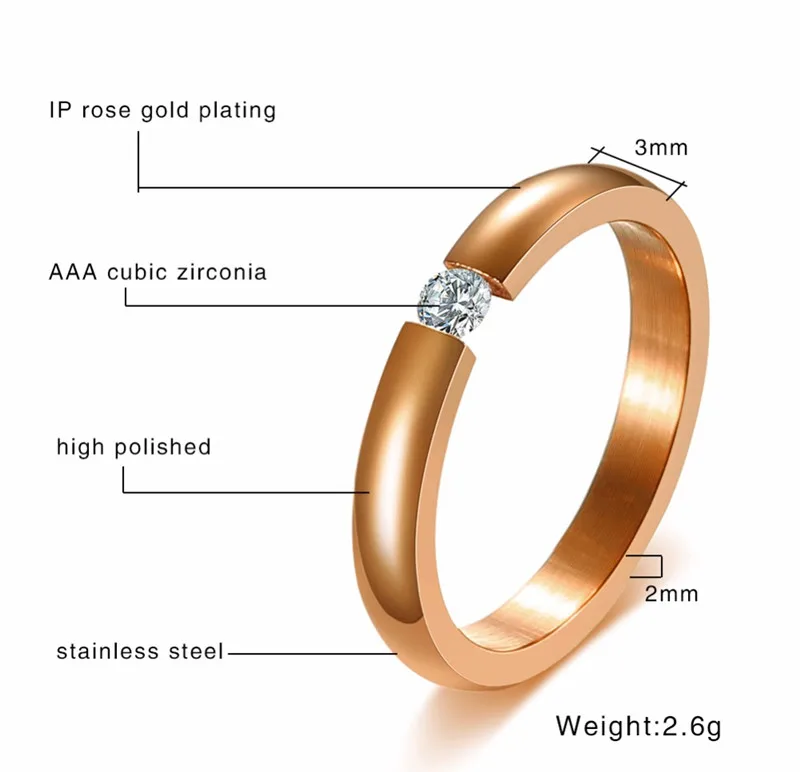 3mm Simple High Polished 4 Colors Stainless Steel Cubic Zirconia Stone Engagement Wedding Rings for Woman Stainless Steel Ring Finger Ring Wedding Rings Wedding Ring