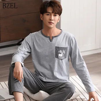 

BZEL Pajamas Sets Long Sleeve Sleepwear Fashion Round Neck Pijamas Casual Home Wear Cotton Nightwear Grey Pyjamas At All Seasons