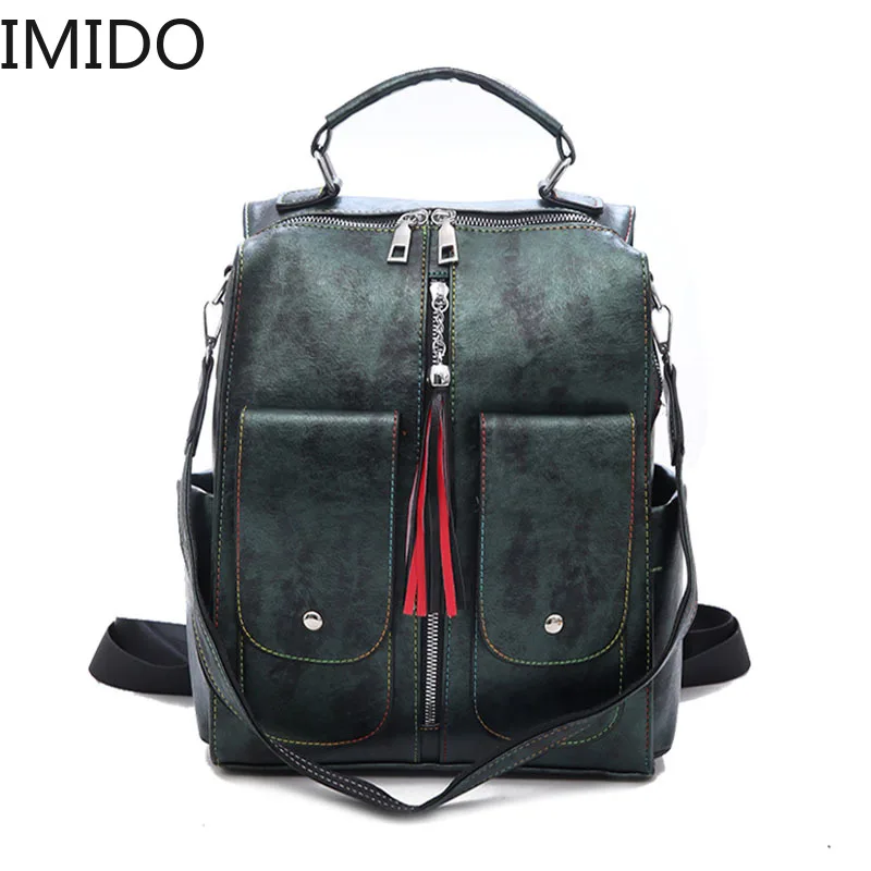 

IMIDO Retro Leather Women Backpack Zipper School Backpacks For Teenage Girls Bag Large Capacity Multifunction Mochila Feminina