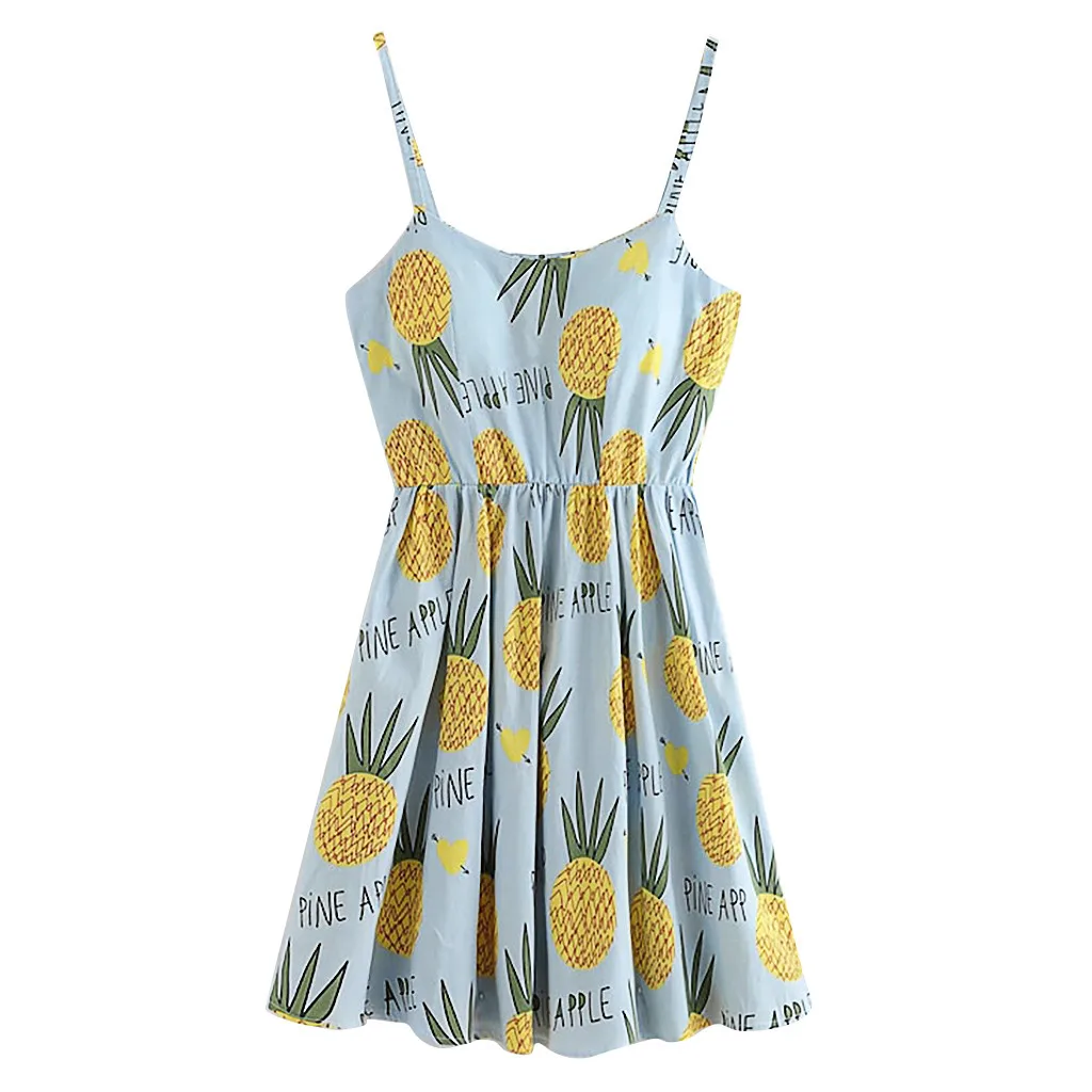 

Fashion Women's pineapple Printed Sleeveless backless Elastic Waist Bandage Mini Dress Woman Summer Leisure vacation Dresses 1PC