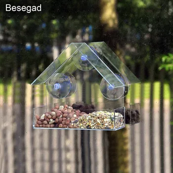 

Behogar Transparent Acrylic House Shape Pet Bird Parrot Feeder Food Container Dispenser with Suction Cup for Outdoor Feeding