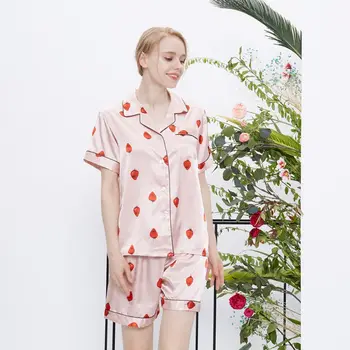 

Strawberry Print Summer 2018 Women Silk Pajamas Turn-down Collar Sleepwear 2 Two Piece Set Shirt+Shorts Casual Pajama Sets