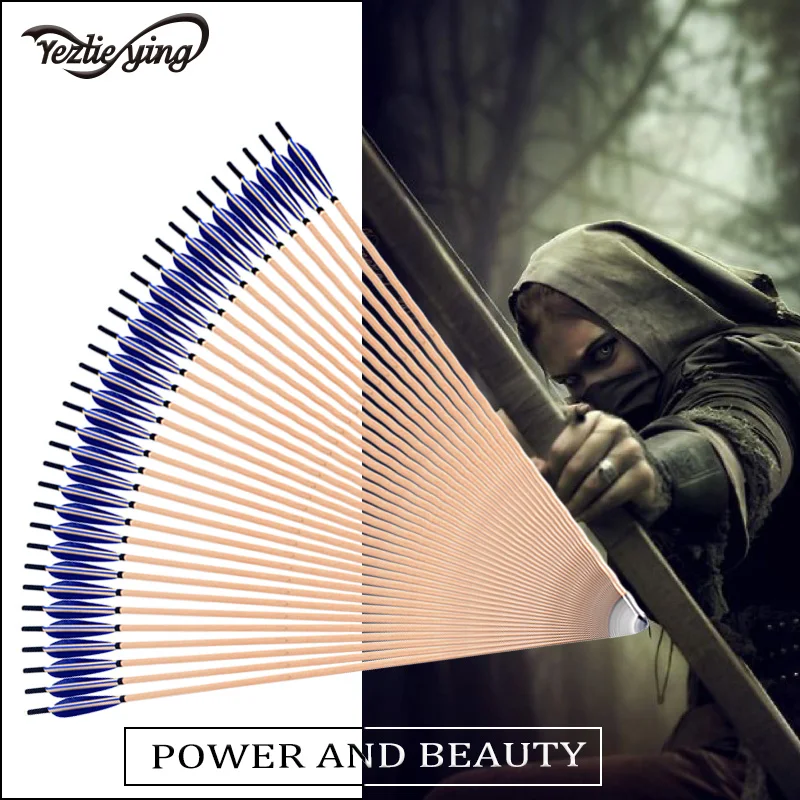 

24pcs Natural Wooden Arrows 33.46inch with Blue Turkey Feather and Iron Arrowhead for 25-50lbs Bows for Archery Shooting