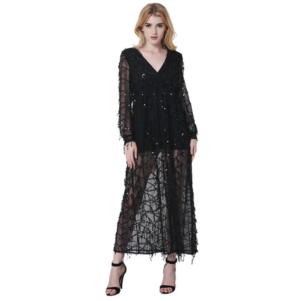 Womens long sleeve long black dress w v neck mesh