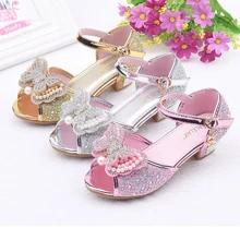 

Girls Crystal Sandals Princess High Heel Dress Shoes Sequined Bowtie Kids Party Wedding Shoes Teenage Graduation Festival Sandal