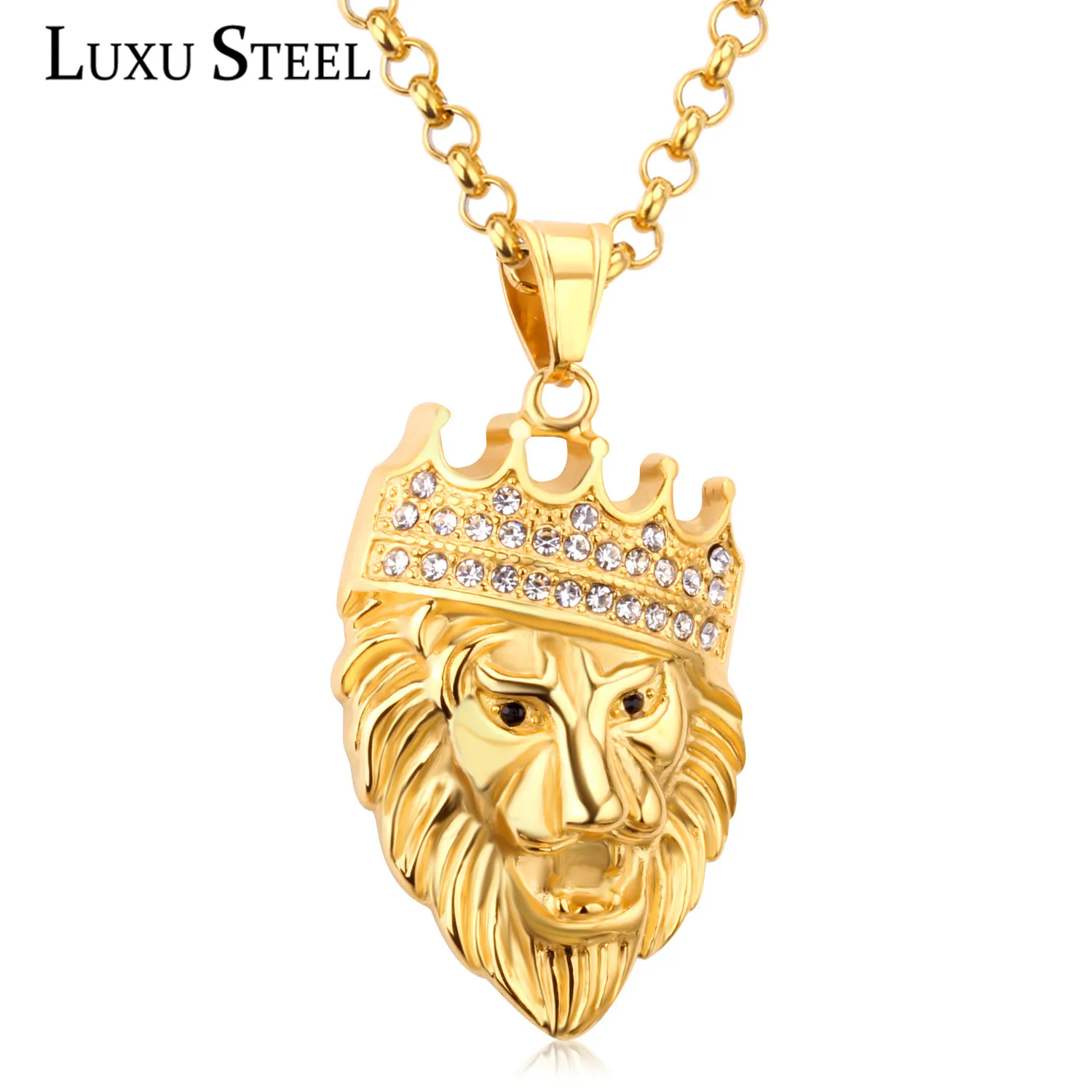 LUXUSTEEL New Trendy Stainless Steel Cool Lion Head Crown Pendant Gold