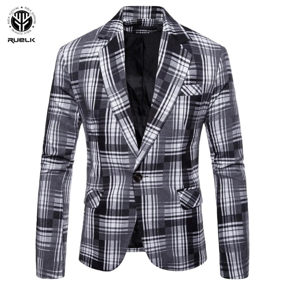

RUELK New Men's Blazer Slim Business Casual Tibetan Blue Checkered Four-Season Dress New Wedding Dress Business Casual Men's