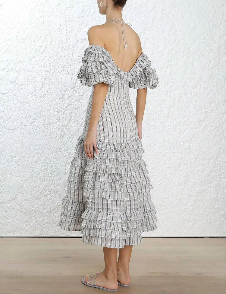 Robes Plis Bouffantes Rayé Manches Encolure Longues Peint Coeur Eté Évider Femmes Pour Printemps Robe Gray Midi Gris 1B7HqT
