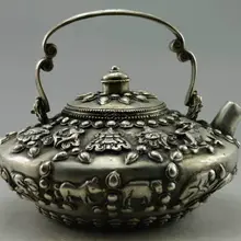 Изысканный китайский коллекционный украшенный старый ручной работы тибетский серебряный большой китайский 12 зодиака чайник