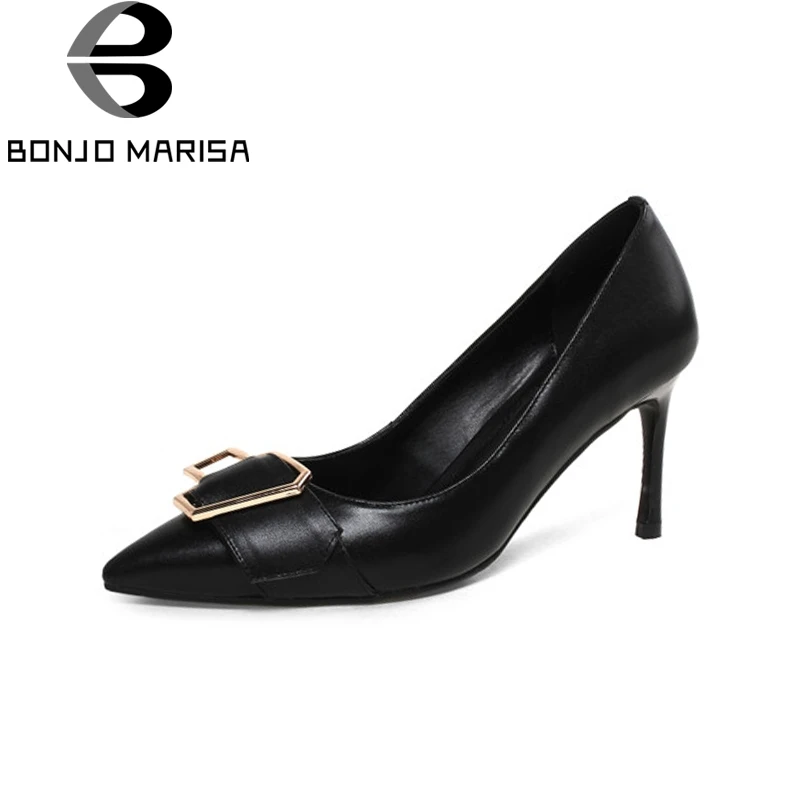 

BONJOMARISA new women's genuine leather pointed toe solid metal decoration thin high heels shoes woman casual spring pumps