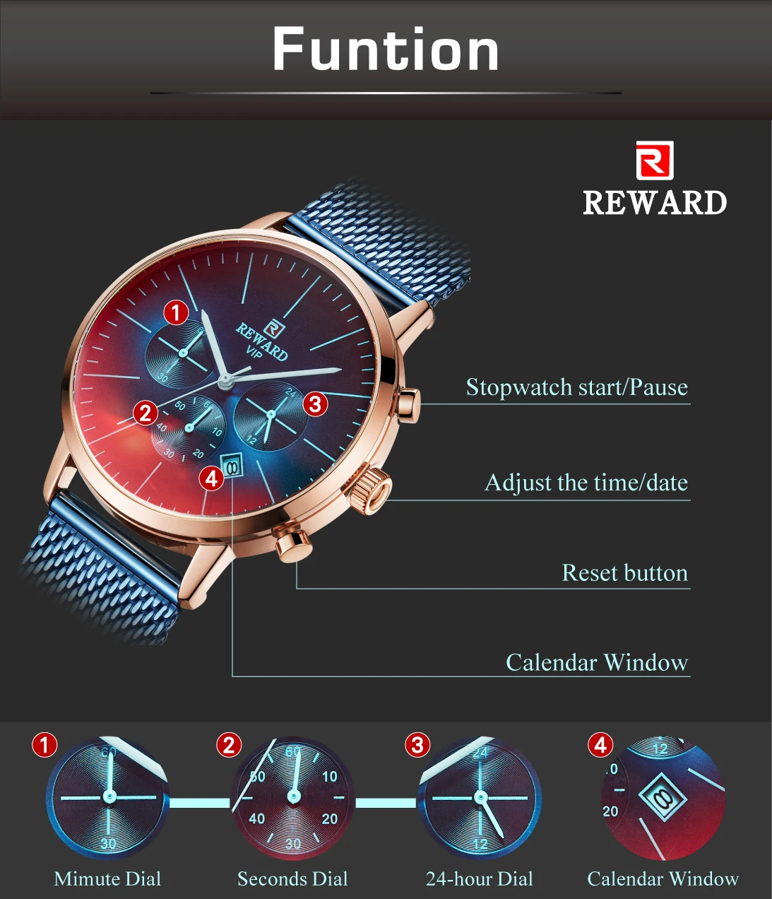 REWARD New Fashion Chronograph Watch Men Top Brand Luxury Colorful Watch Waterproof Sport Men Watch Stainless Steel Clock