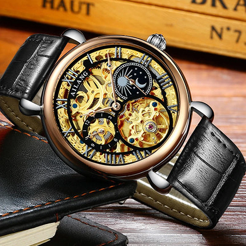 

AILANG Casual Skeleton Watch Men 30M Waterproof Luxury Brand Leather Mechanical Watches Relogio masculino Clock Gold Wristwatch
