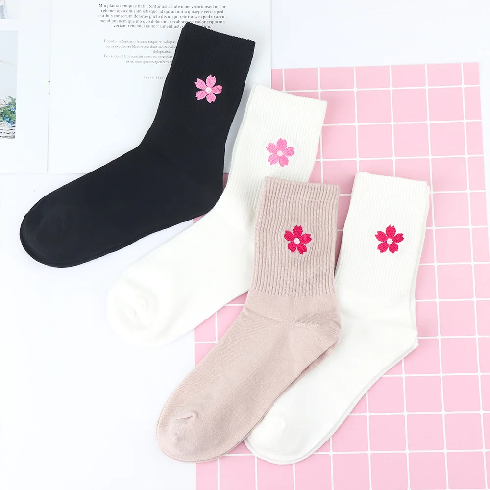 1pair Cute Lovely Warm Socks Fashion Cherry Blossom Embroidery Women