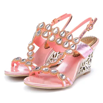 

2019 New Bohemian Style Girl Pink Large Size Personality Pattern Wedge Sandals with Rhinestone Sandals Open Toe High Heels 8CM