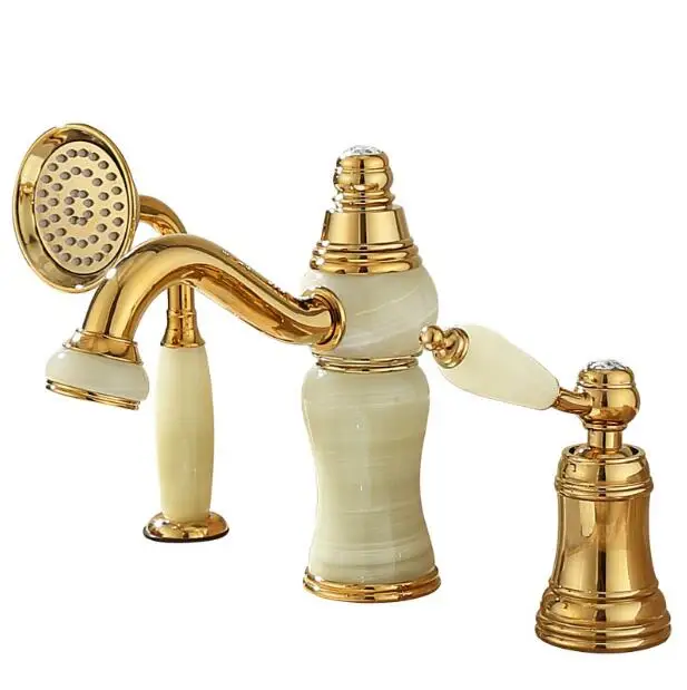 

Hot and cold Gold finish Pull out bathroom basin faucet Brass and Jade bathroom sink tap with pull out shower head style