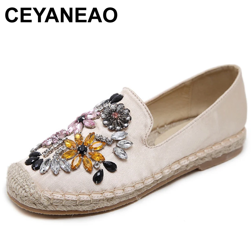 

CEYANEAOWomen Espadrilles Flats Crystal Flowers Hemp Fisherman Shoes Ladies Fashion Rhinestone Loafers Slip On Single ShoesE1379