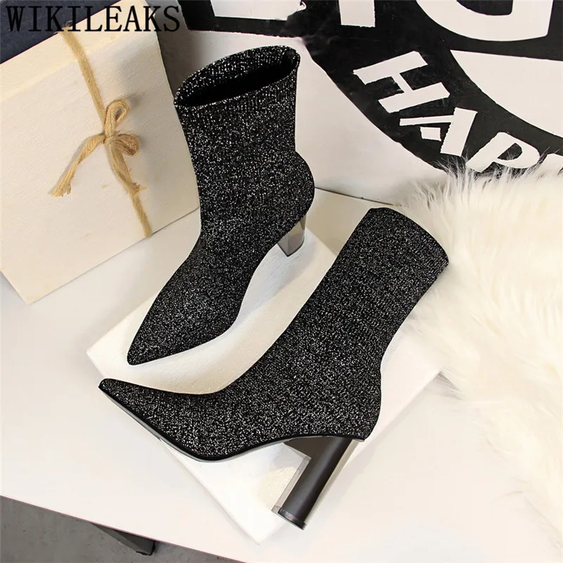 

mid calf boots for women glitter boots knitting bigtree shoes high heels boots women socks boots shoes woman botines mujer 2019